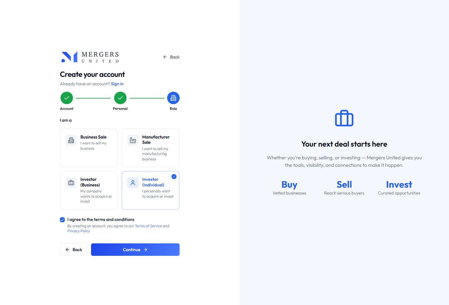 Mergers United account role selection