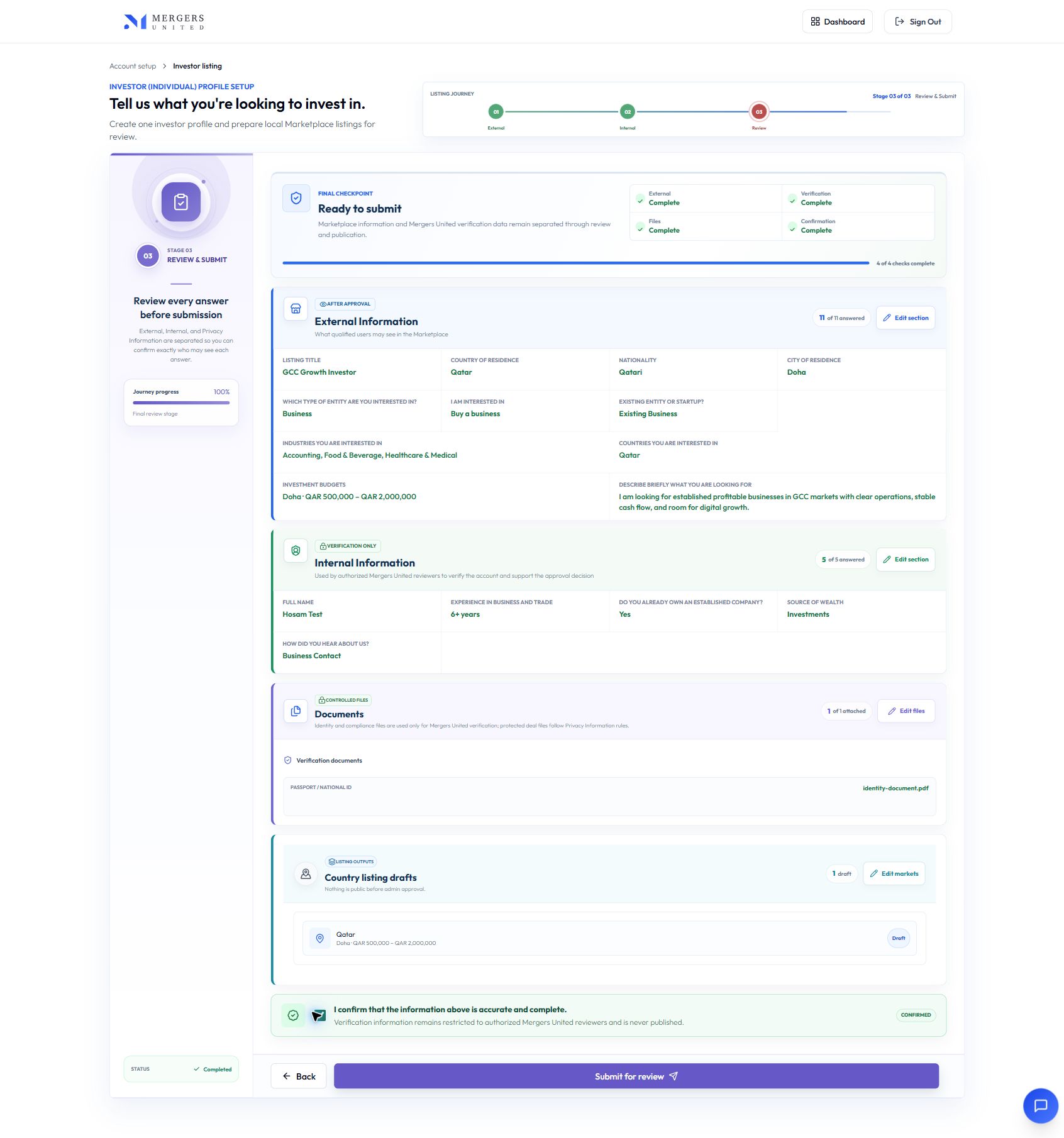 Mergers United Investor Listing form