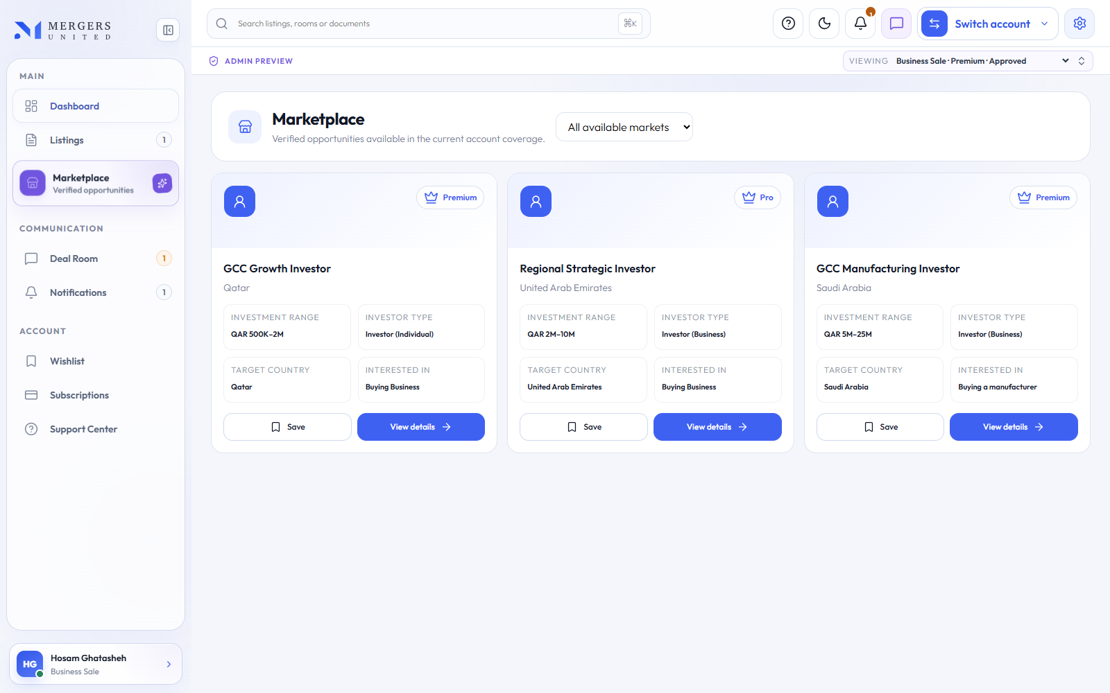 Mergers United business account Marketplace