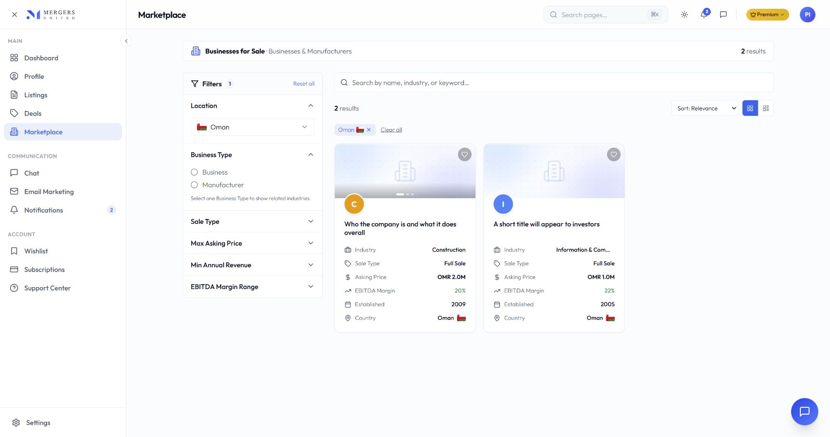 Mergers United investor account Marketplace