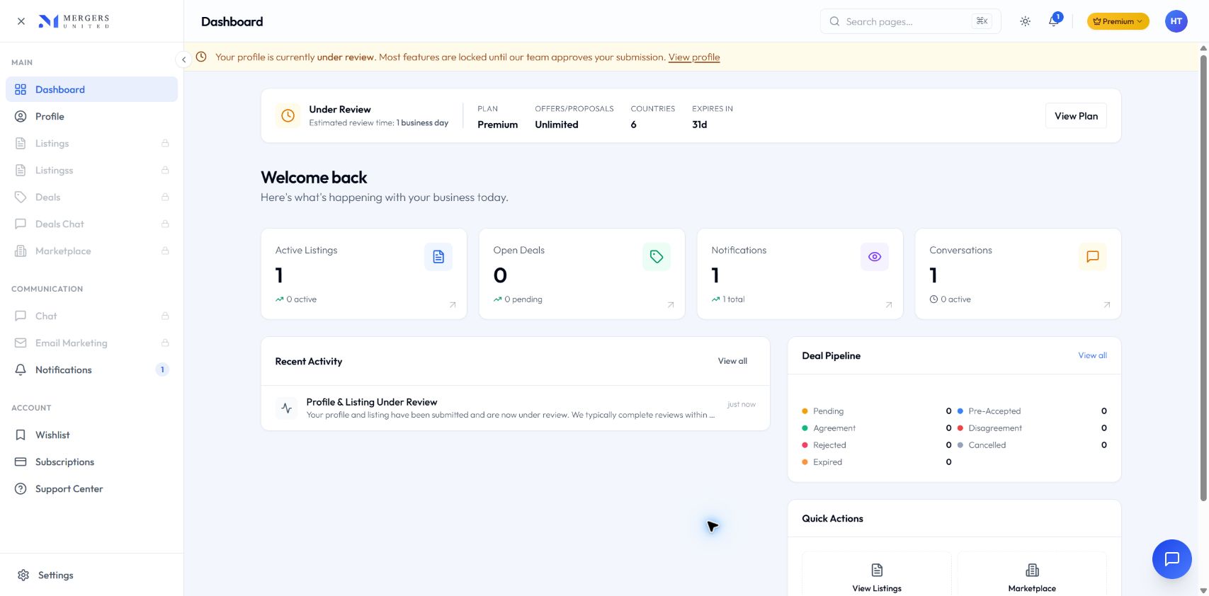 Mergers United admin review status
